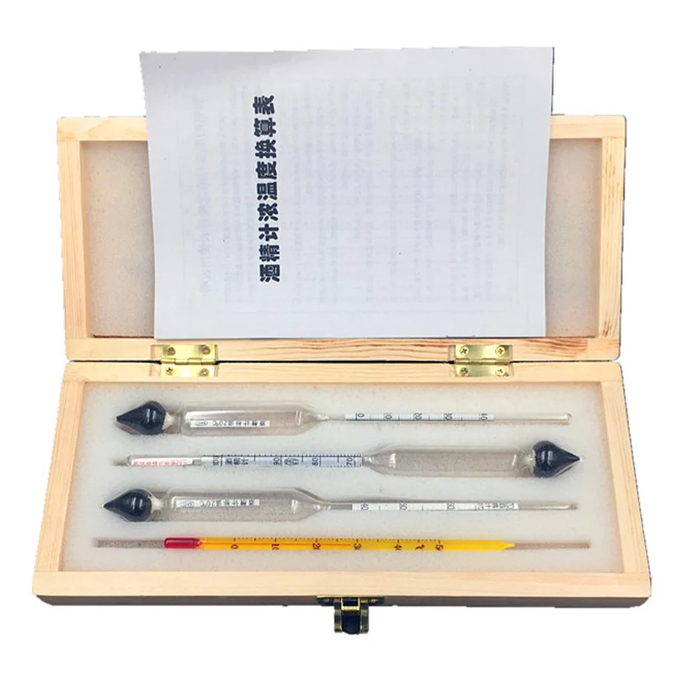 Meter Set for Baijiu with Three Glass Scales Thermometer and Wooden Box Including Temperature Concentration Chart