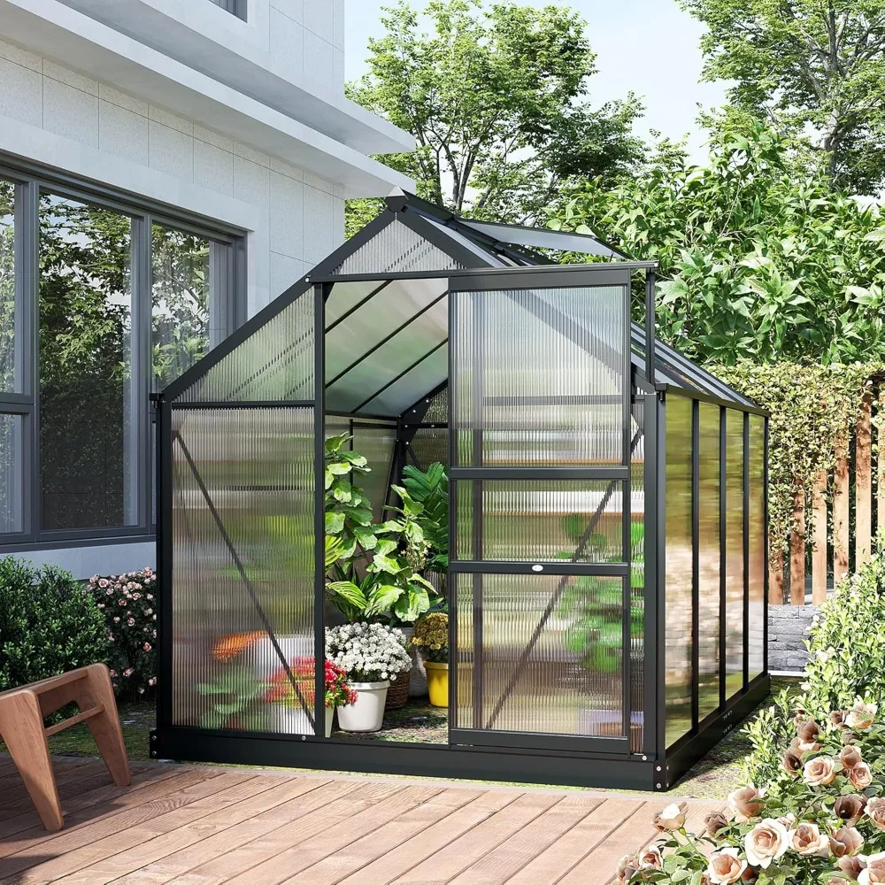 

6' x 8' Greenhouse for Outdoors, Polycarbonate Greenhouse with Rain Gutter and Roof Vent, Aluminum Walk-in Green Houses