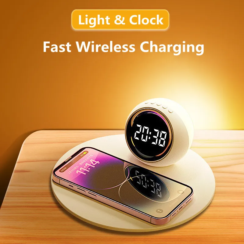 Wireless Charger Time Alarm Clock LED Lamp Phone Chargers Fast Charging Dock Station for iPhone 14 13 12 Samsung S21 S20 Xiaomi