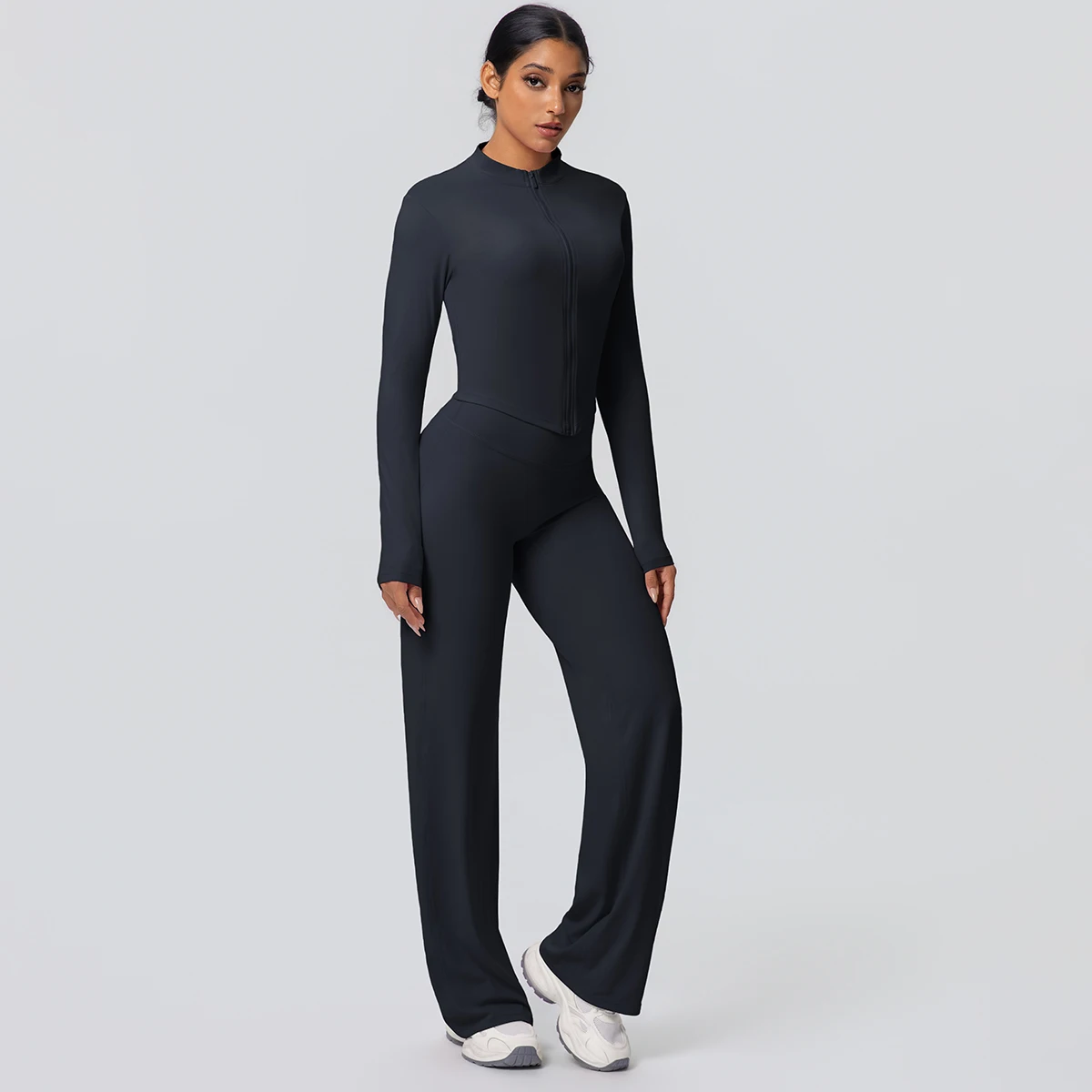 2 stück Schnell Trocknend Sport Fitness Kleidung Yoga Set Frauen Yoga Zipper Lange Ärmel Hohe Taille Atmungsaktive Breite Bein Hosen set – Detail 13