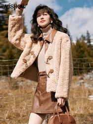 MISHOW Women's Lamb Wool Patchwork Fur Coat Autumn Winter Long Sleeve Horn Button Overcoat Office Lady Outerwear MXC53W0125