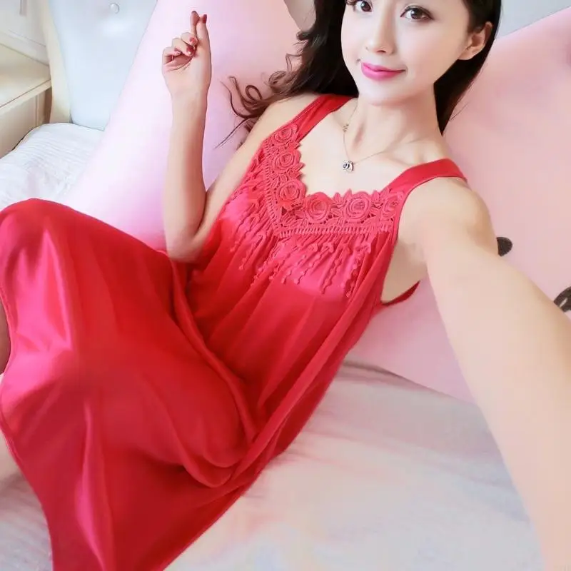 

T21F Women's Long Ice Silk Nightgown,Summer Sleeveless Sleep Dress Nightdress Gifts