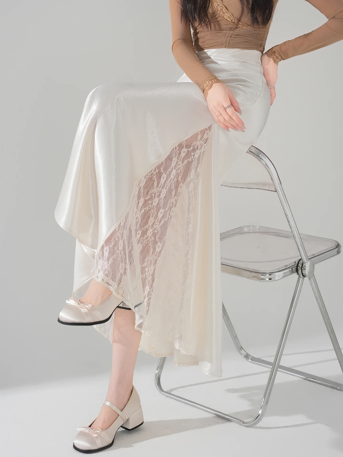 

Юбка А-силуэта с кружевными вставками и дизайном «рыбий хвост» из ацетатного атласа для женщин, весна-лето, облегающая юбка-бодикон