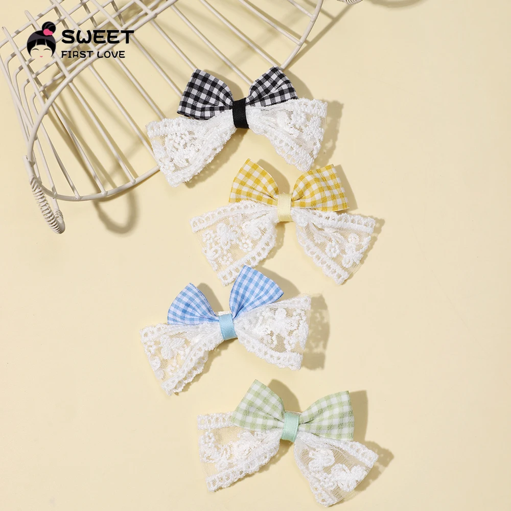 Cute Lace Bow Hair Clips for Girls Cotton Plaid Bowknot Hairpin Boutique Side Clip Barrette Kids Headwear Baby Hair Accessories