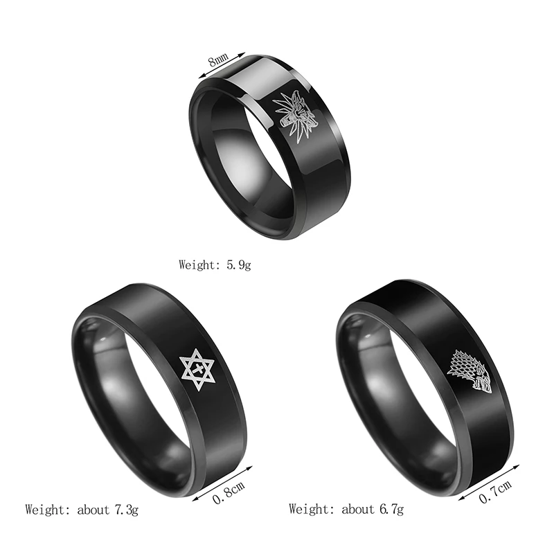 8MM Wide Laser Marking Wolf Head Hexagram Ring Stainless Steel Plating Black Ring for Men Women Fashion Punk Jewelry Rings Gifts