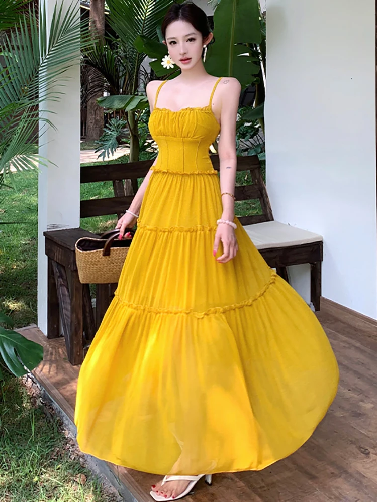 

Women Solid Chic Patchwork Ruffled Maxi Dress Summer Elegant Beach Style Sling Long Dress 2026 Korean Fashion Bodycon Prom Dress