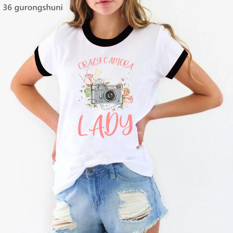 Watercolor Crazy Camera Lady Graphic Print Tshirt Women Clothes 2024 Funny Cool T Shirt Femme Harajuku Shirt Summer Tops Tee