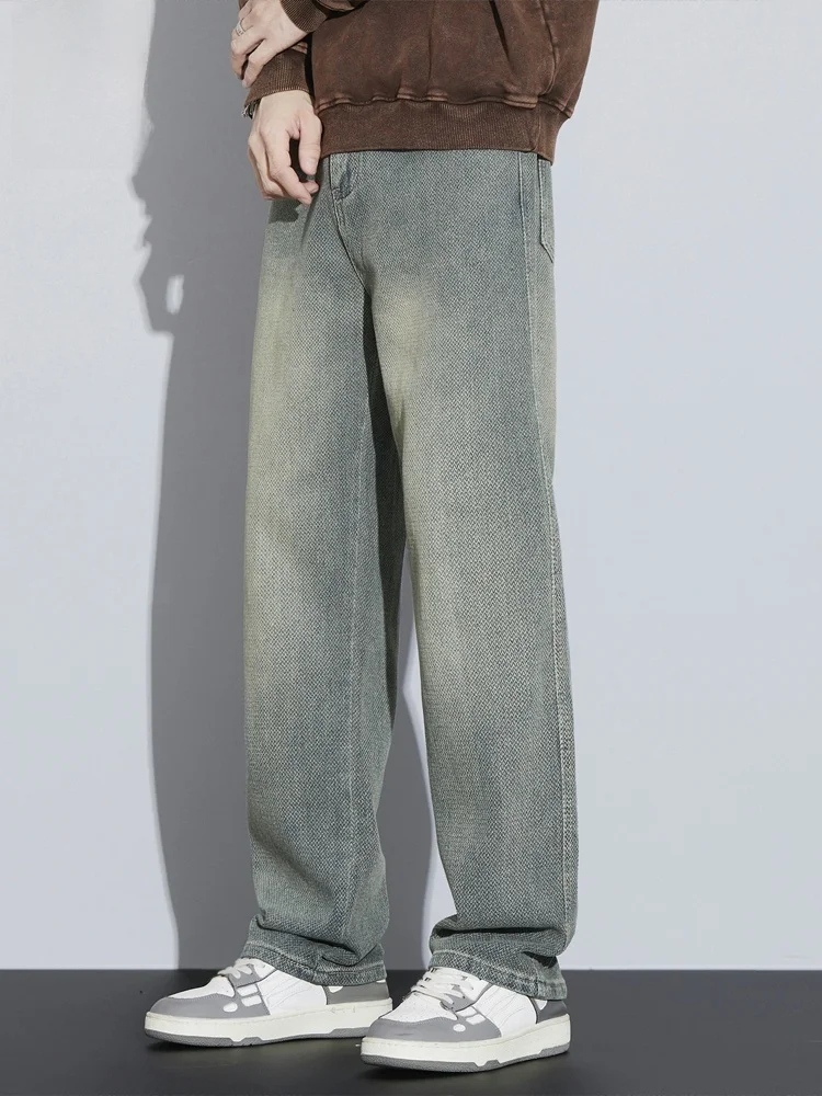 Męskie jeansy o prostych nogawkach, luźny krój, styl vintage, amerykański nadruk Gwieździsta Noc, codzienne, mieszanka bawełny i poliestru, odzież zimowa.