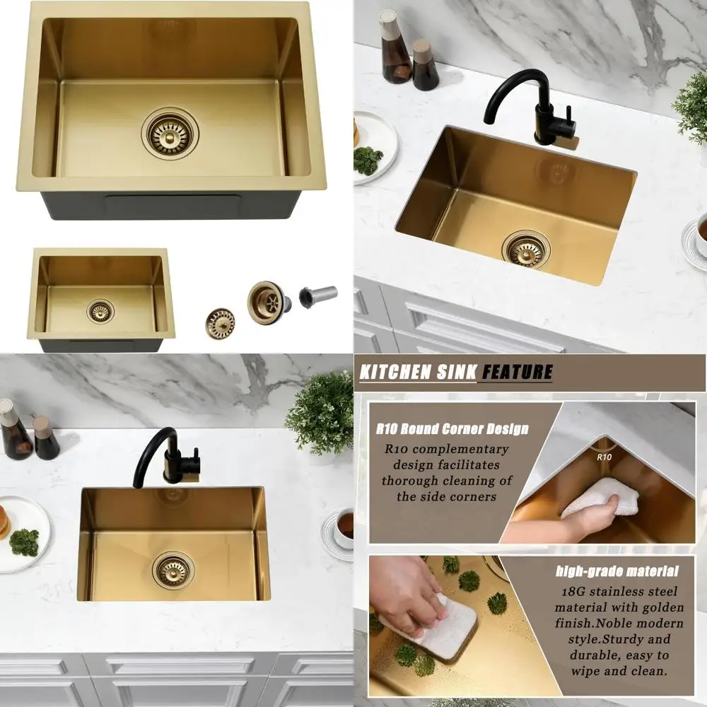 

Gold Undermount Single Bowl Kitchen Sink, 22x16 Inch Stainless Steel Utility Sink for Wet Bar and Home Bar Countertops