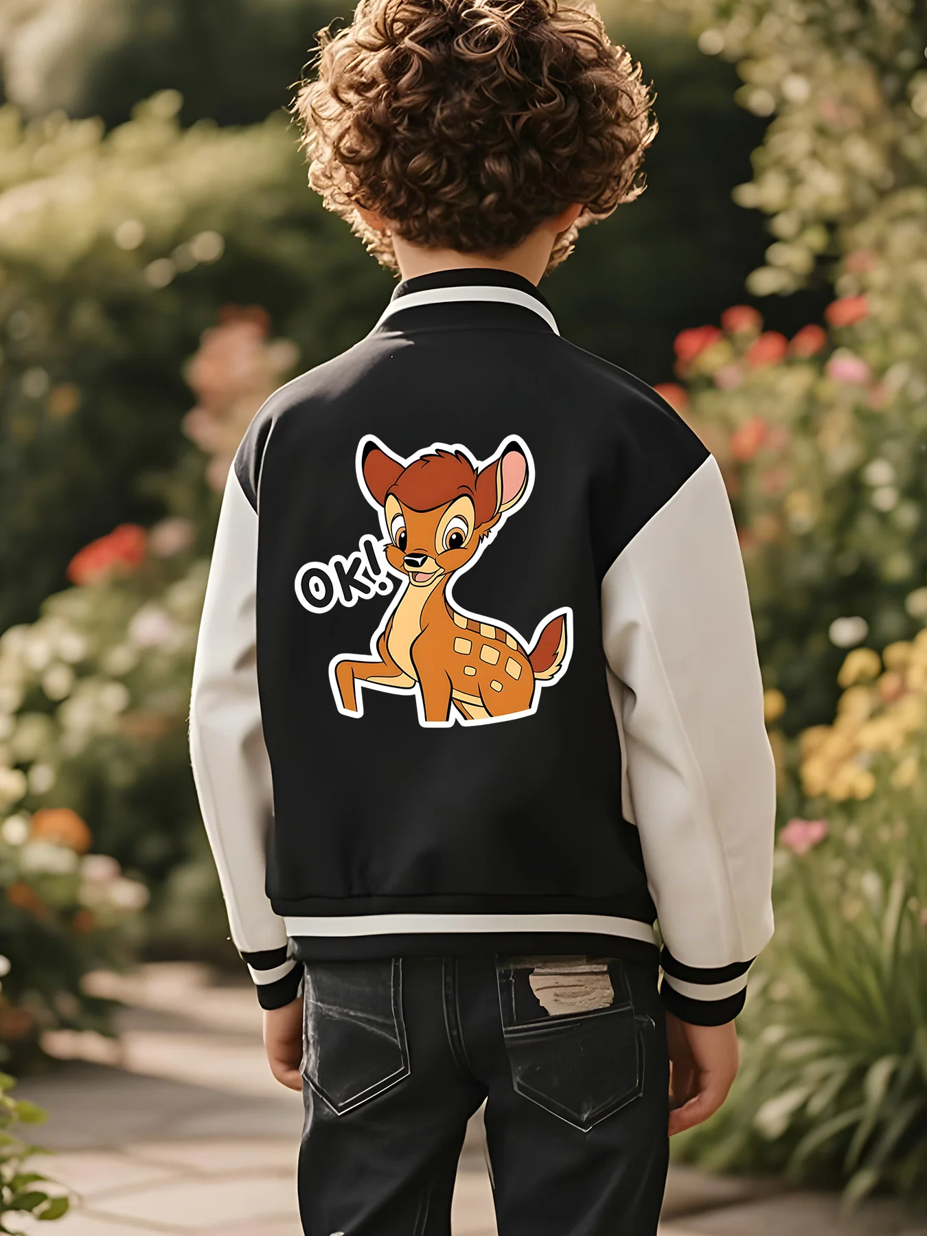 سترة بيسبول MINISO Disney Bambi "OK" للأولاد - طباعة بامبي لطيفة على الوجهين، مثالية للارتداء المدرسي، صديقة للبشرة #3