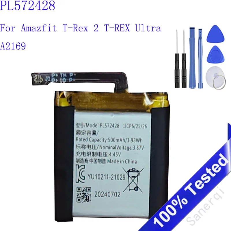 

Original 500mAh PL572428 Smart Watch Battery For Amazfit T-Rex 2 T-REX Ultra A2169 Bateria + Tools