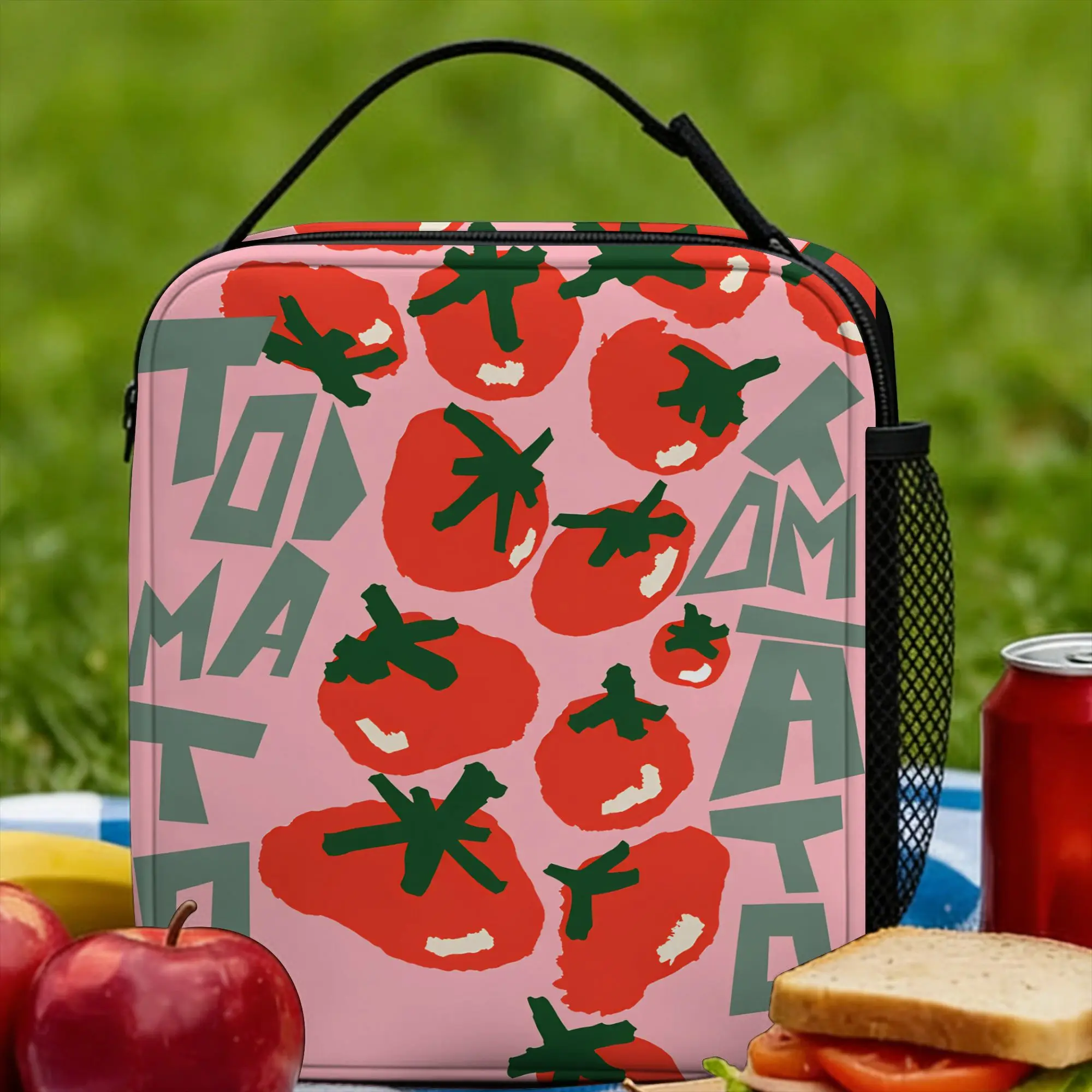 

Сумка для обеда с принтом томатов на красном фоне, повседневная сумка для еды, портативная сумка-тоут для пикника на открытом воздухе, сумка для еды для мужчин, сумка-холодильник из оксфордской ткани с графическим принтом
