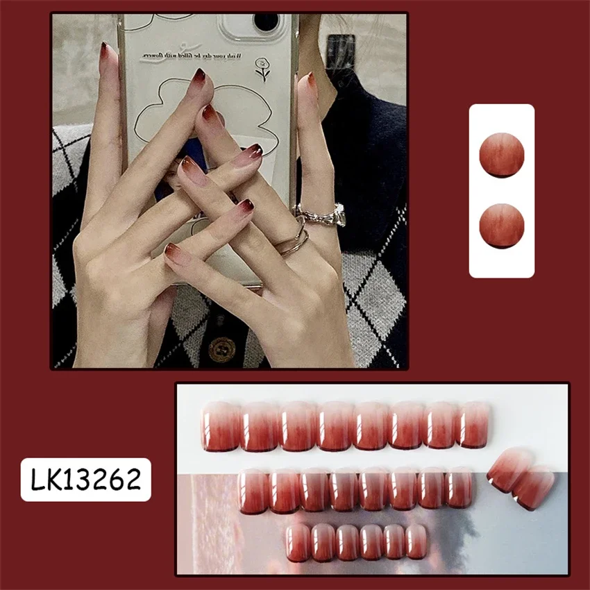 

24Pcs/Set Berry Gradient Wearing False Nails French Dark Removable Press on Nail Tips Handmade Stick Short Acrylic Fake Nails