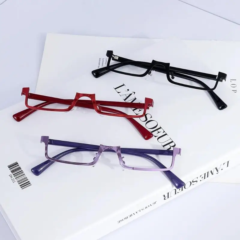 Y2K انمي ياباني نظارات إطار صغير مربع تأثيري الأحمر نصف إطار نظارات لا العدسات موضة المعادن مستطيلة النظارات #5