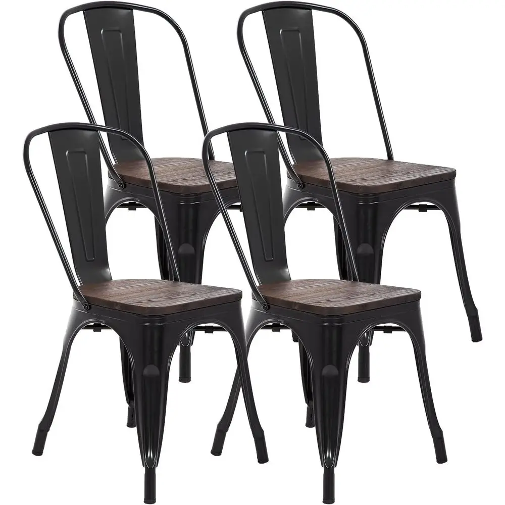 

Stackable Black Metal Dining Chairs with Wooden Seats, Set of 4, Outdoor-Friendly, Non-Slip, Supports Up to 330 lbs