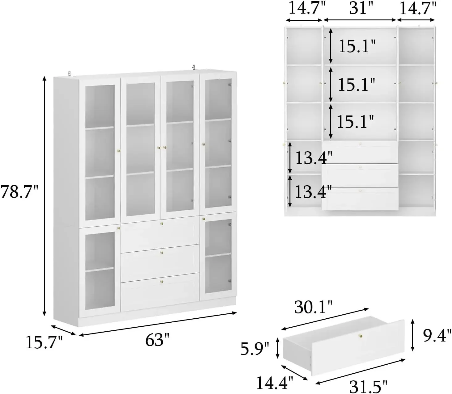 Large Display Case Storage Cabinet with Acrylic Doors and Shelves, Acrylic Display Cabinet with 3 Drawers for Collectibles，White