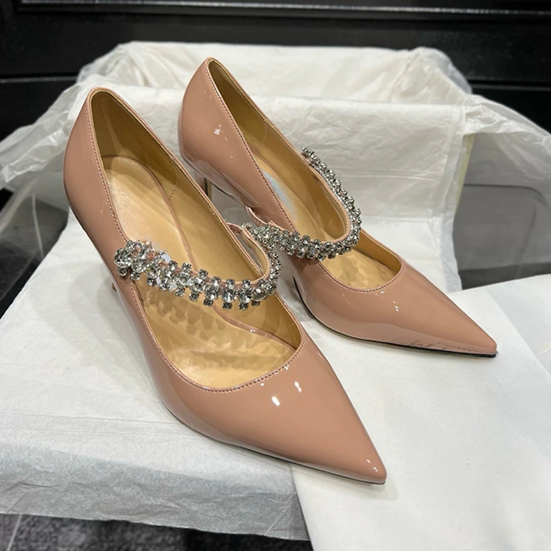 

2025 New Water Diamond High Heels Mary Jane Women's Single Shoes with Thin Heels and Pointed Shallow Mouth Women's Wedding Shoes