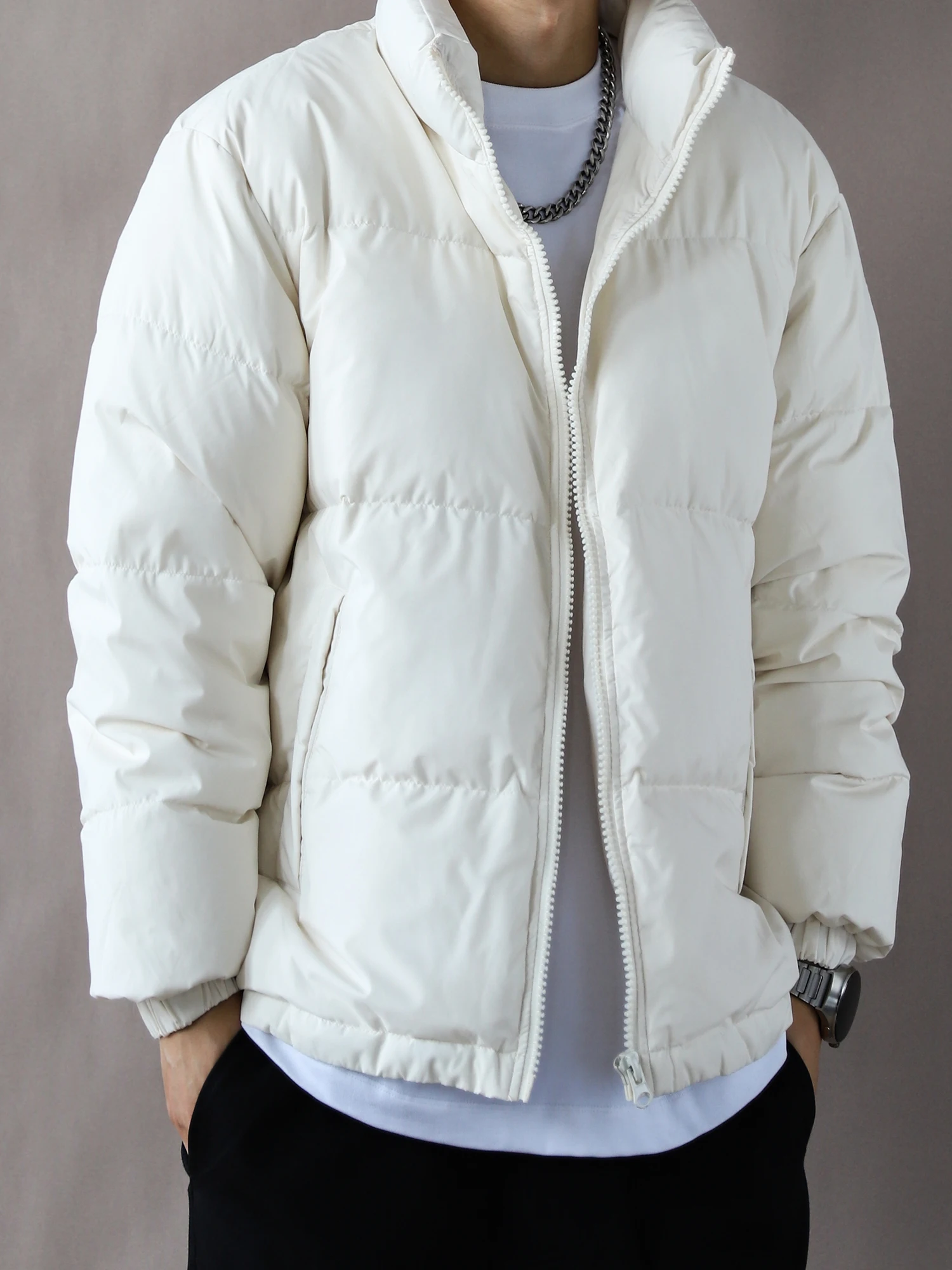 

Men's Thiened 90 down Fluorine Resistant Stand Collar Padded Jaet Warm Outerwear Loose Top Ci Casual Long Sve Zipper