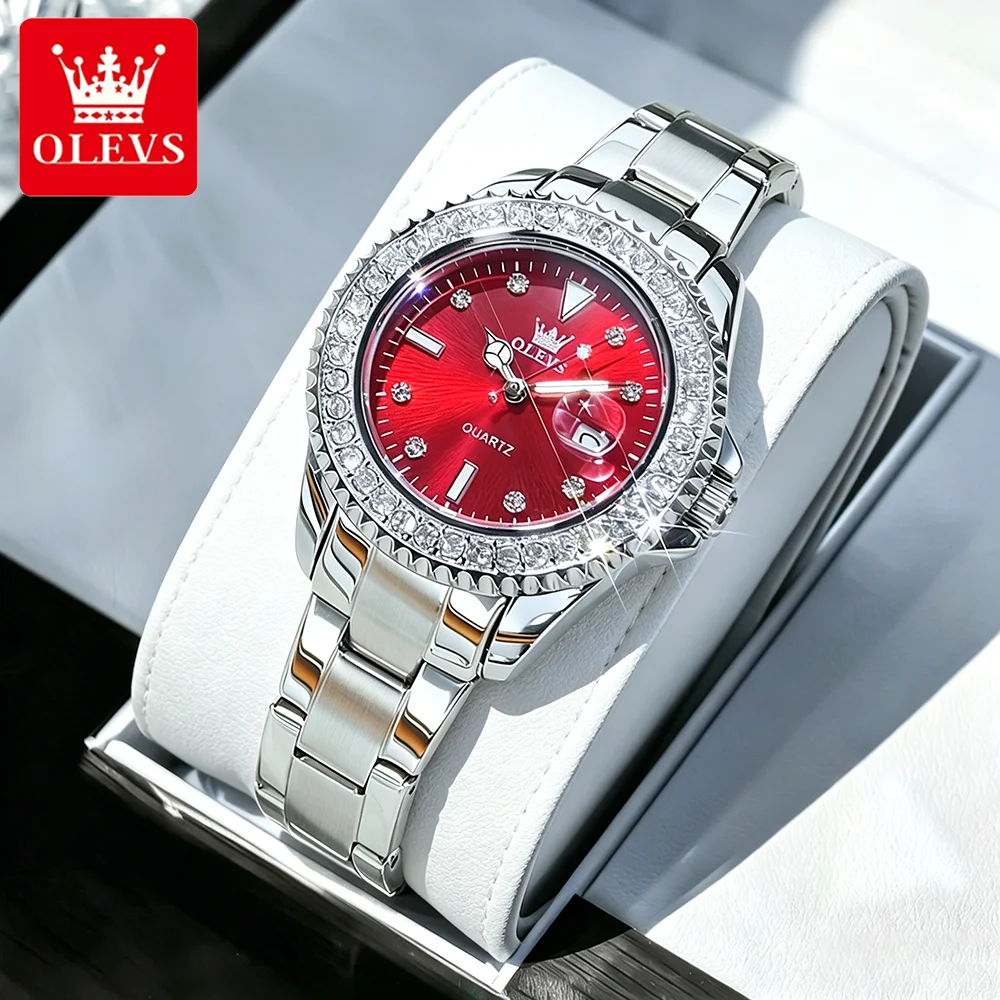 OLEVS Women's Watches Luxury Fashion Stainless Steel Strap Original Quartz Wristwatch Big Date Sparkling Zircon Bezel Luminous