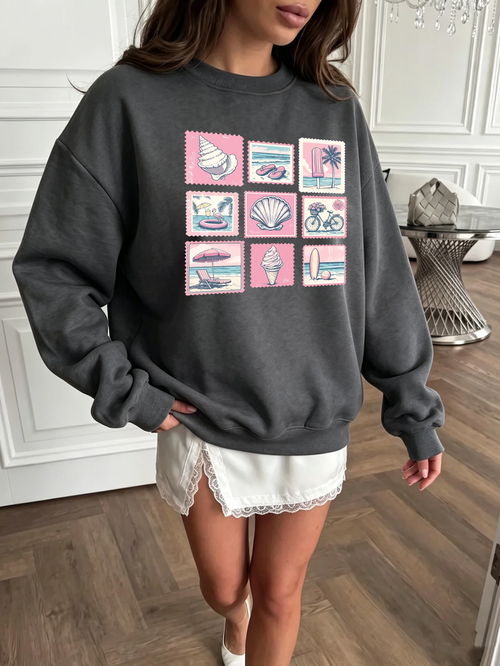 Vintage Shell Beach Stempelprint Damen Pullover Lockerer Fleece-Sweatshirt Herbst Y2K Kleidung Rundhals Jogging Sportbekleidung – Detail 13