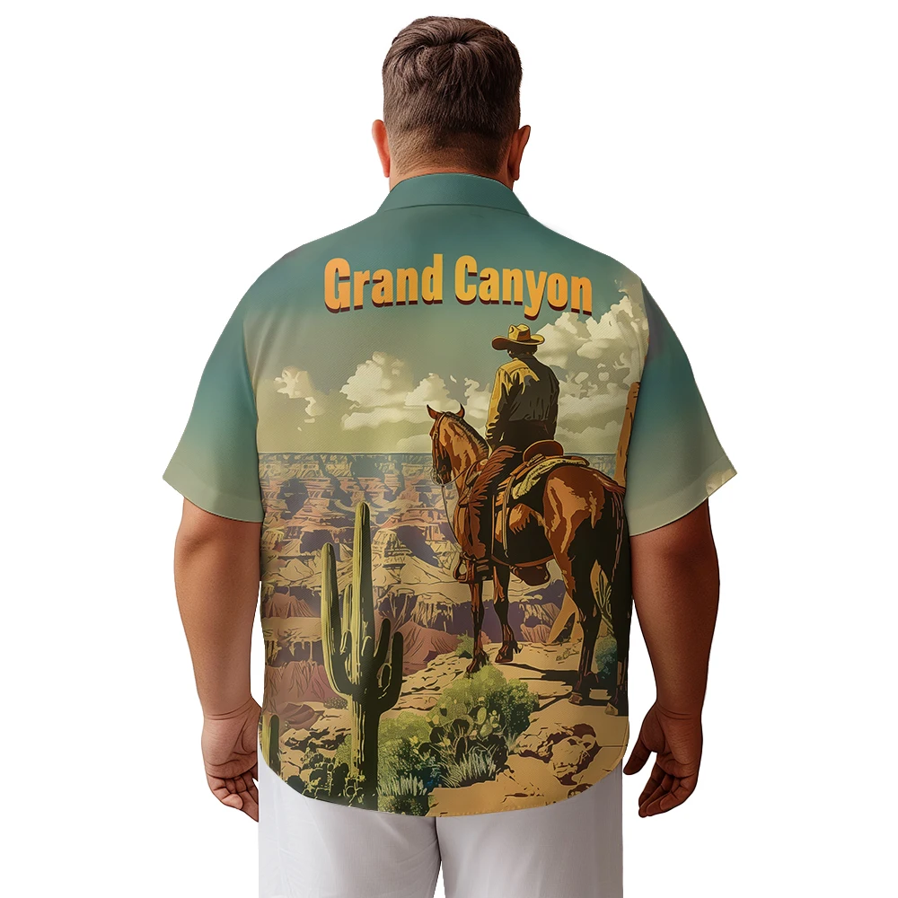 2024 new Hawaii Men's shirts plus size Western Cowboy Canyon cactus printed clothing casual short-sleeved