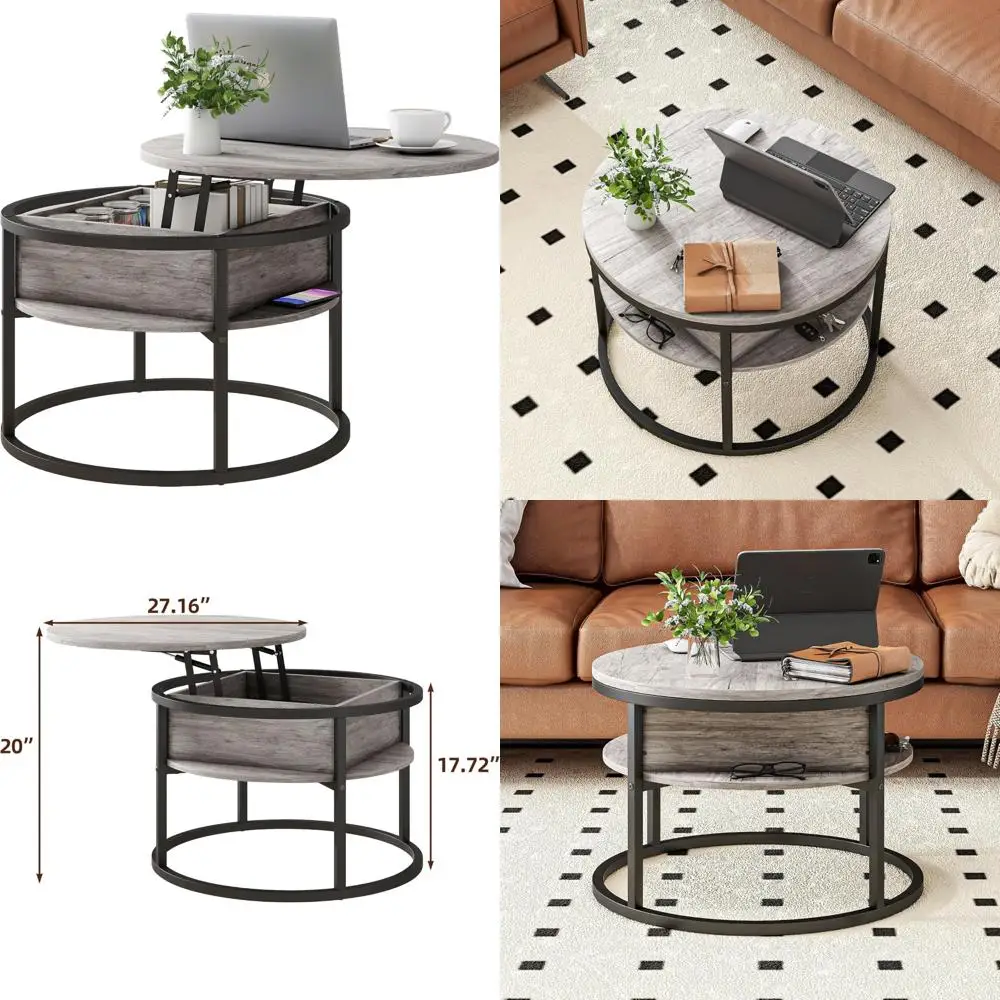 

Storage-Enabled Lift Top Coffee Table for Living and Reception Rooms, 2-Tier Round Dining Center Table in Grey