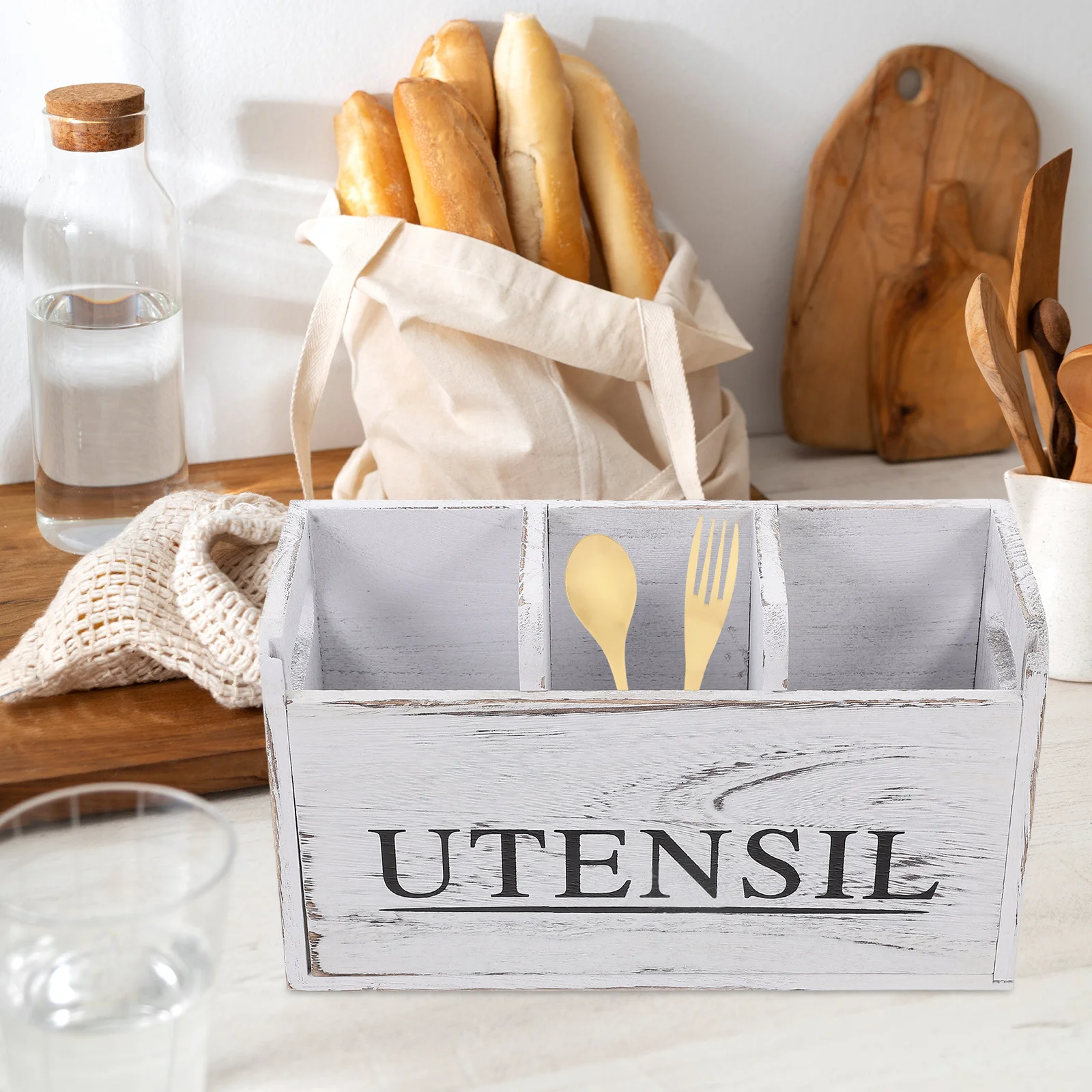 

Wooden Kitchen Utensil Holder Rustic Large Capacity Organizer Countertop Cooking Forks Spoon Storage Forks and Spoons Organizer