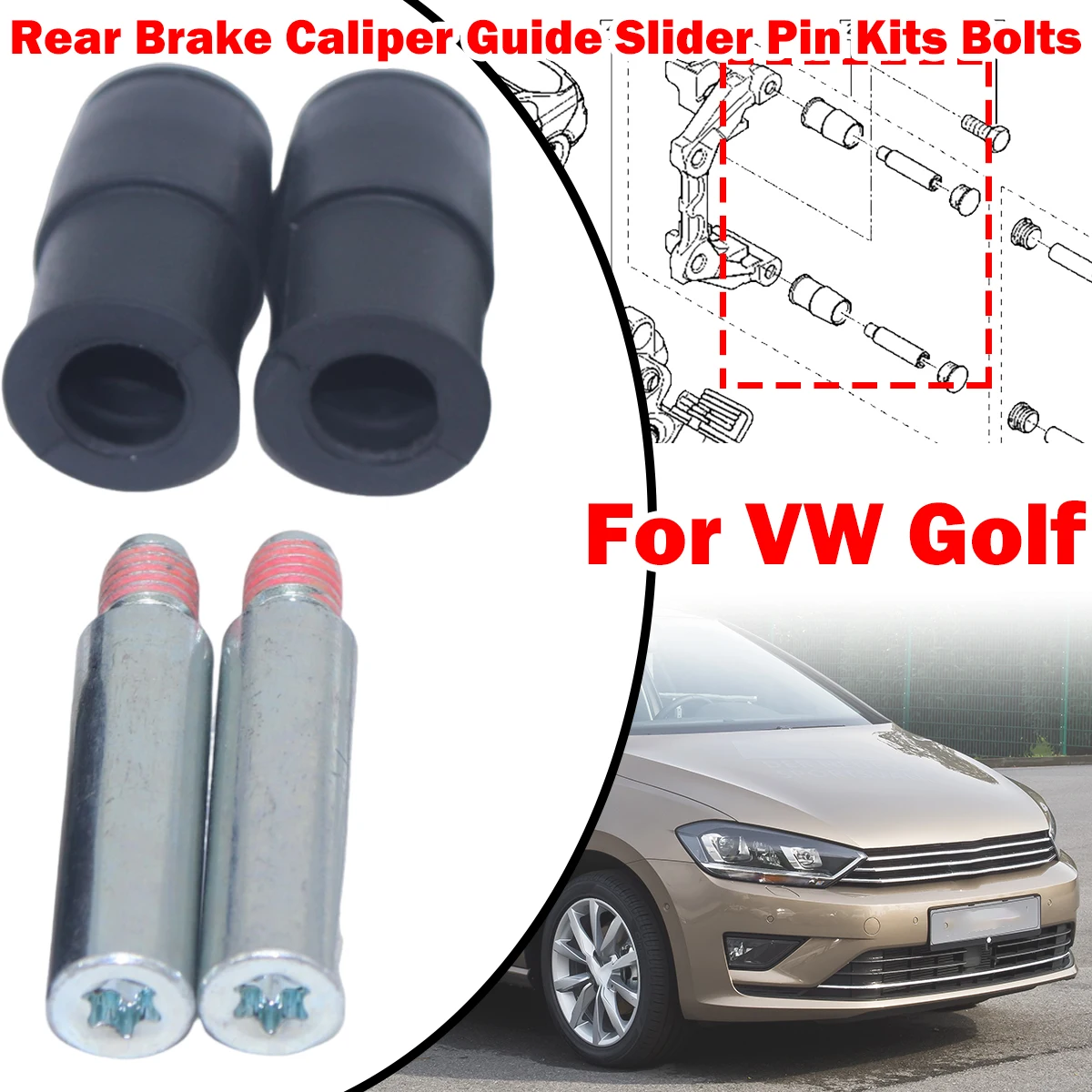 

For VW Golf Van Sportsvan Rear Brake Caliper Slider Guide Pins Bolt Kit Left Right Disc Housing Bellows Sleeve Bushing CKT1005