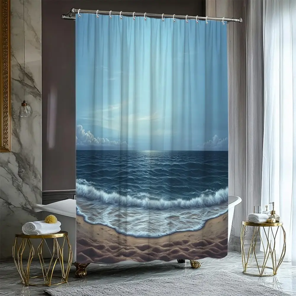 Luxury Beach Seascape Ocean View Shower Curtain Waterproof Polyester Bathroom Decor Coastal Seascape Curtain Liner Bath Accessor