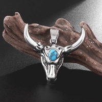 Retro Punk  Turquoise Bull Head Pendant Necklace Men\\\\\\'s Hip Hop Trendy Cool Personalized Jewelry