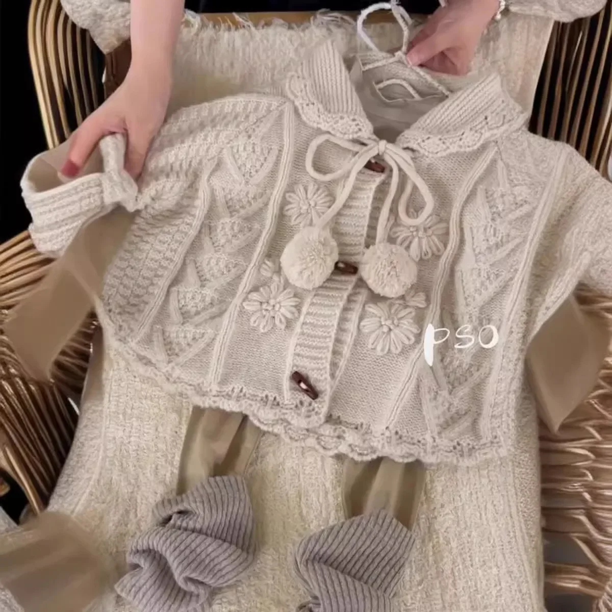 Childrens Sweaters Girls Lovely Soft 3D Hook Flower Ball Sweater Jacket Forest Style Retro Solid Color Sweater Jacket