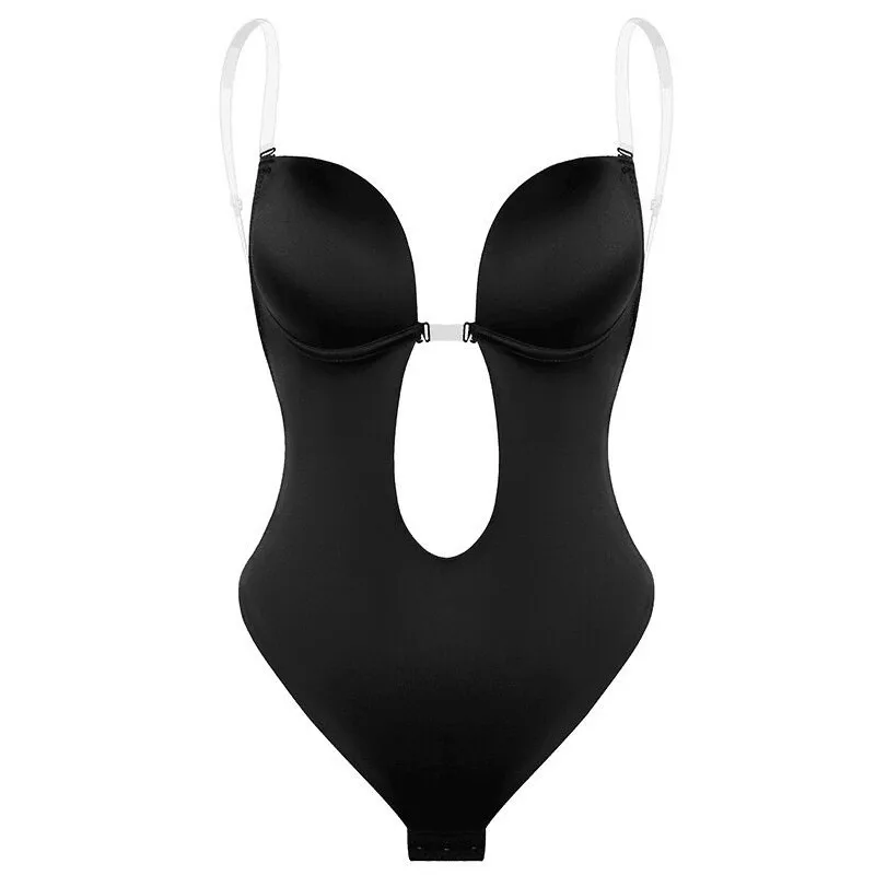 

Woman Sexy Backless Waist Corset Deep V-Neck U Plunge Thong Invisible Shaper Bra Trainer Clear Strap Padded Push Up Shapewear