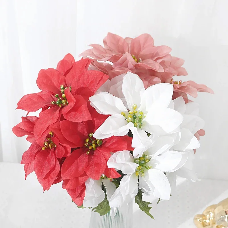 32cm 7 Forks Christmas Flowers Bridal Bouquet Wedding Christmas Decoration Home Party Vase Decortion Fake Flowers Bouquet