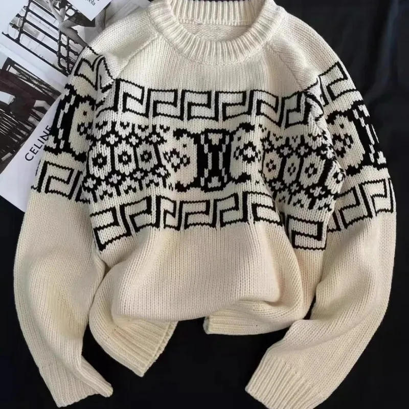 

Осень/зима стильный вязаный свитер с круглым вырезом и длинными рукавами, новый свободный топ высокого класса для женщин, верхняя одежда