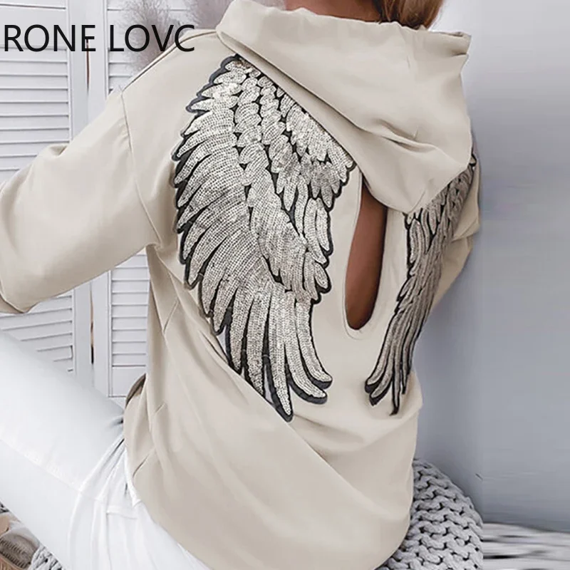 Women Chic Hooded Basics Long Sleeves Wing Pattern Sequins Hollow Out Back Straight Blouse Sweatershirt Tops