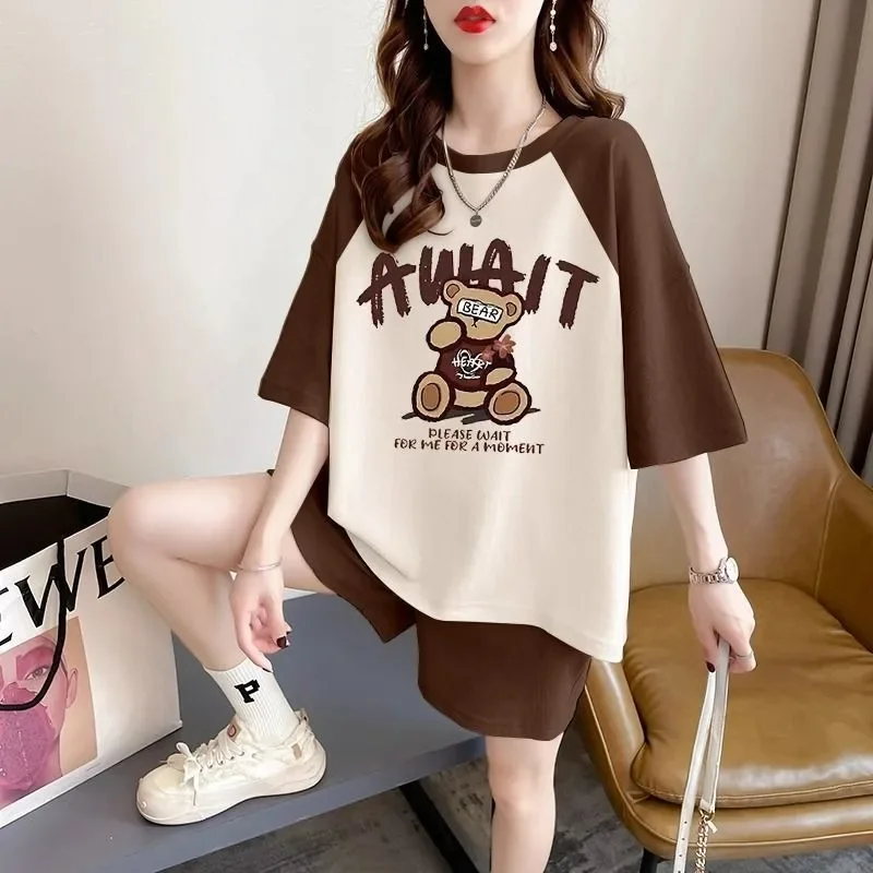 Women's 2025 Summer New Cartoon Pajamas Suit Printing Large Size Versatile Splicing Short-sleeved Top and Shorts 2 Two piece Set