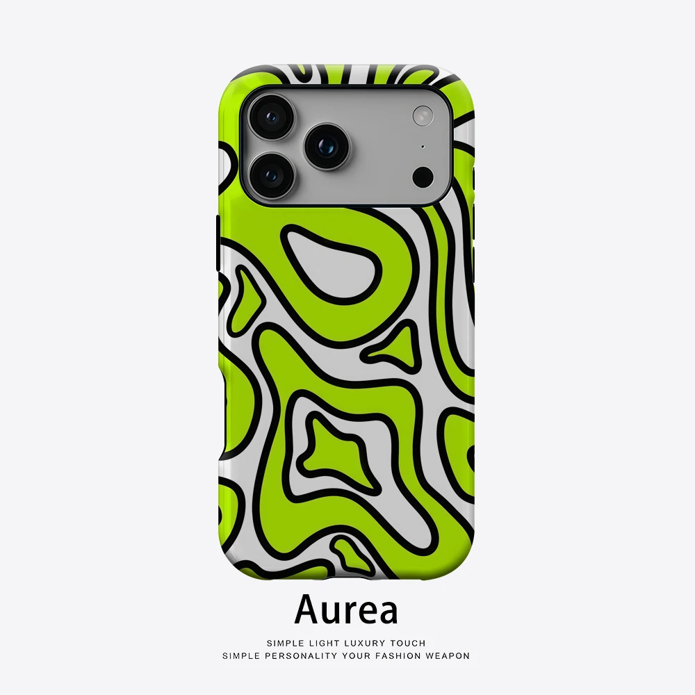 Neongrüne Abstrakte Wellen-Magnetische Handyhülle mit Schwarz Umrandetem Design für iPhone 18/17/16/15/14/13 Pro Max Plus Doppelschichtige Schutzabdeckung