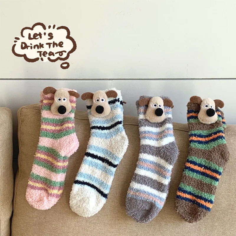 Cute dog Korean Coral fleece Socks Thick Women Winter Warm Long Sock Home Sleep Plush Socks Harajuku Stripe Girl Sokken Sox