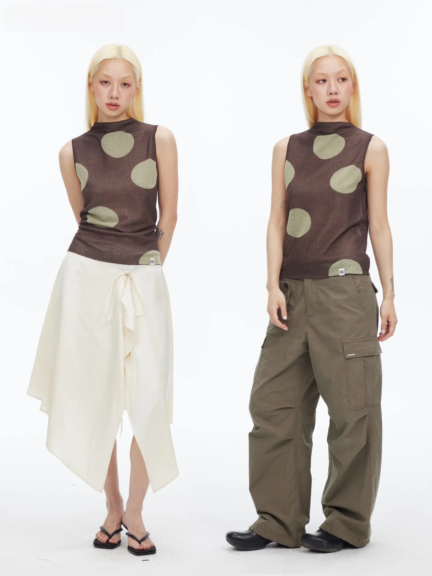 

HORAHORA Fun Cool Girl Коричнево-оливковый льняной тонкий вязаный жилет в крупный горошек с воротником-стойкой, базовый слой, женская мода