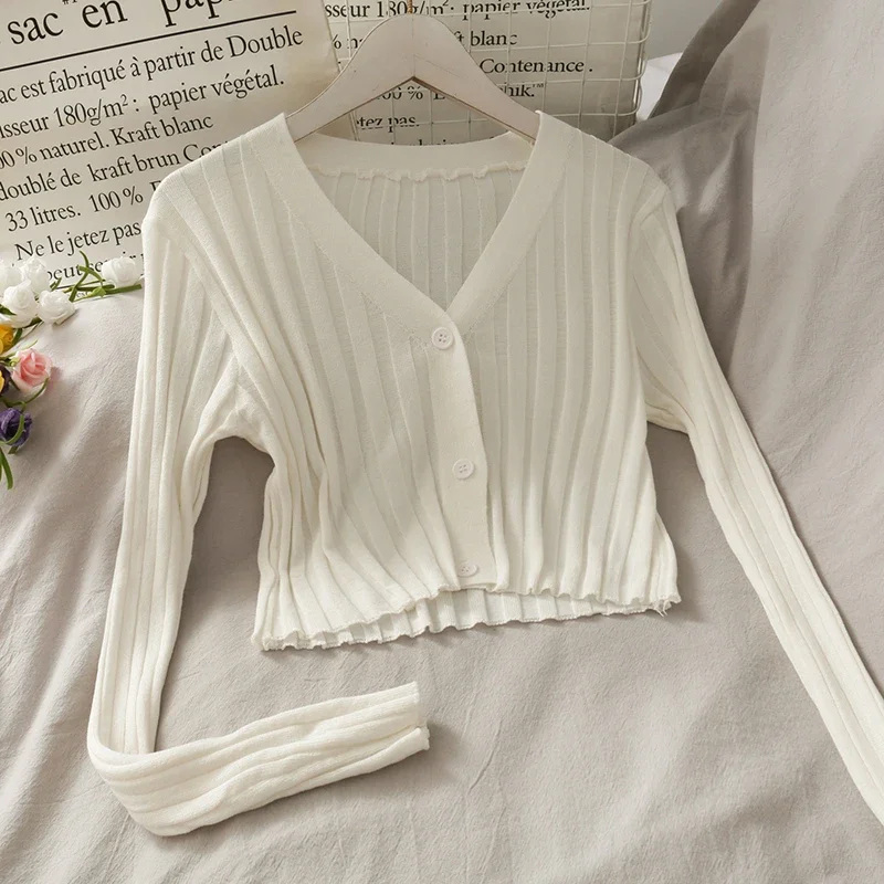 Women Acrylic Long Sleeve V-Neck Buttons Up Cardigan Shirt Slim Cropped Ribbed Knit Thin Solid Stretch Top Knitwear