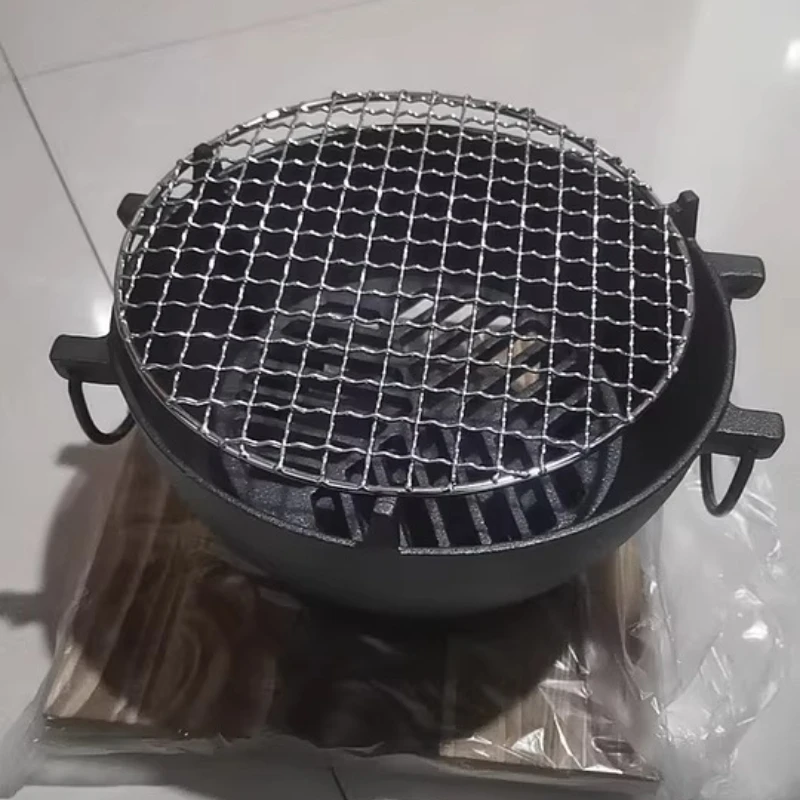 Parrilla de Carbón de Hierro Fundido, Ahumador Redondo Portátil con Asa para Exteriores, Jardín, Camping, Brasero Multifunción y Parrilla para Patio
