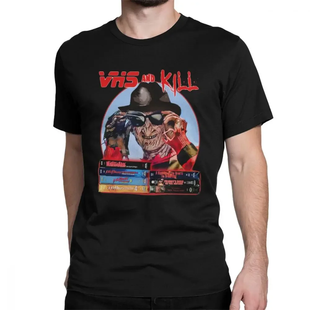 VHS And Kill-Camiseta de algodón con cuello redondo para hombre, película de terror con estampado de prenda de vestir, pesadilla, Halloween, novedad