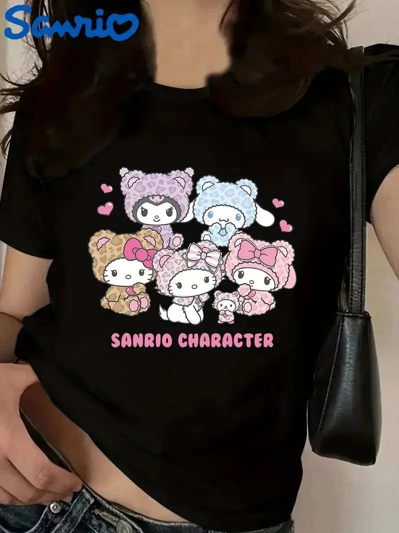 

Sanrio Kuromi Character Collage Cotton T Shirt Lovely Cartoon Print Trendy Printed Brand Pure Cotton T-shirt Short Sleeve unisex