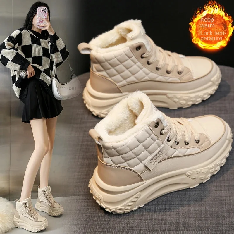 High top daddy shoes women 2023 winter plus cashmere warm sports shoes explosive women's shoes to increase thick soles