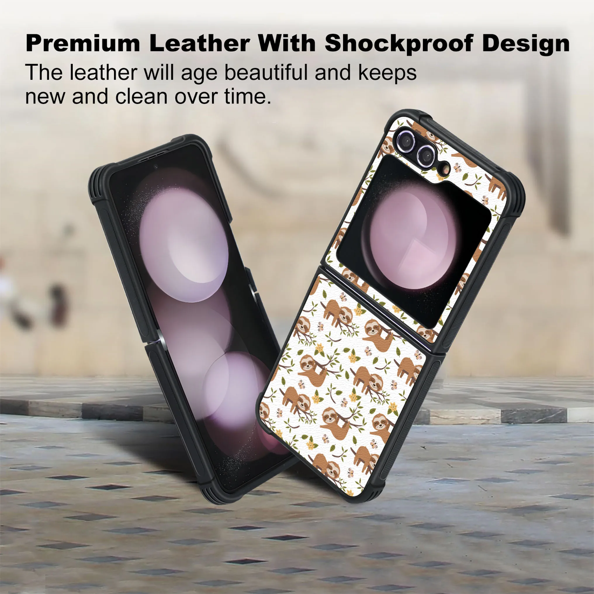 Patterned PU Leather + Soft TPU Bumper Shockproof Protective Case Cover Compatible With Galaxy Z Flip5 5G , Sloth