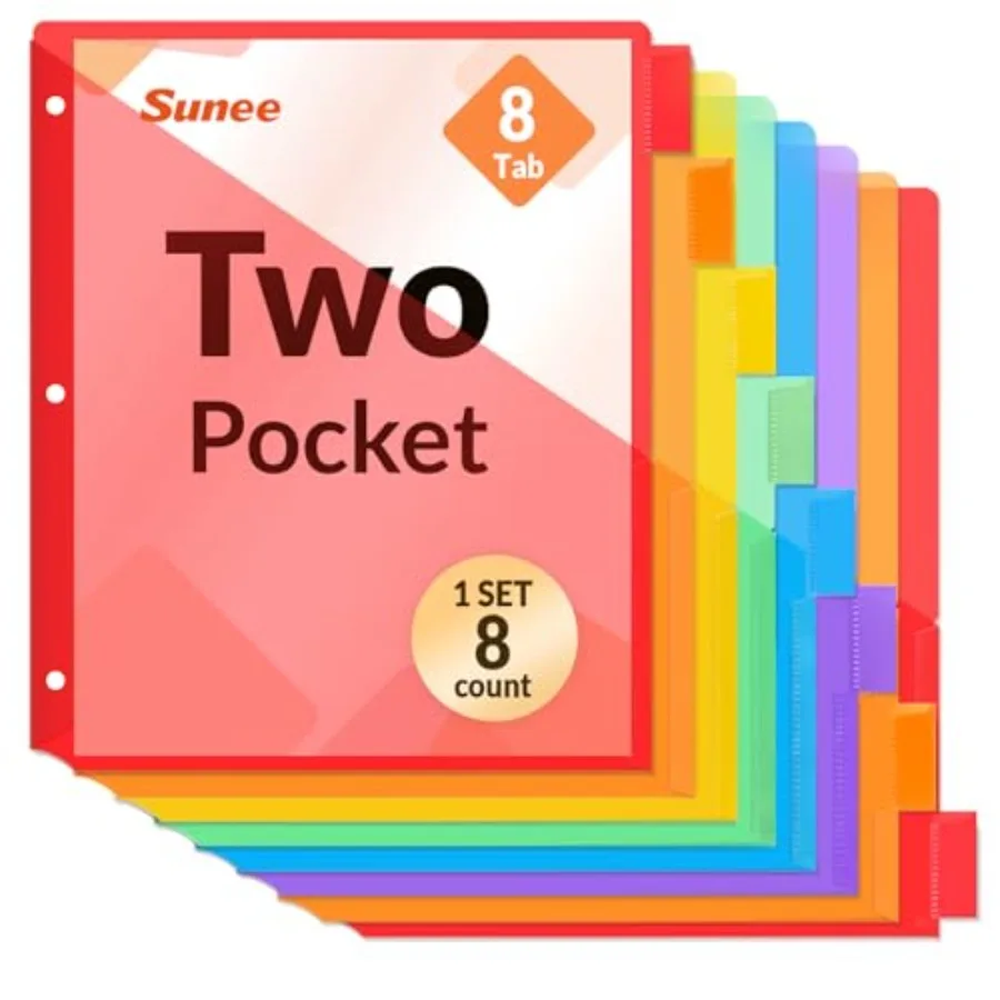 

8 Tab Dividers with Pockets, Plastic Dividers for 3 Ring Binder, Subject Dividers with 2 Pockets, Binder Dividers for School Of