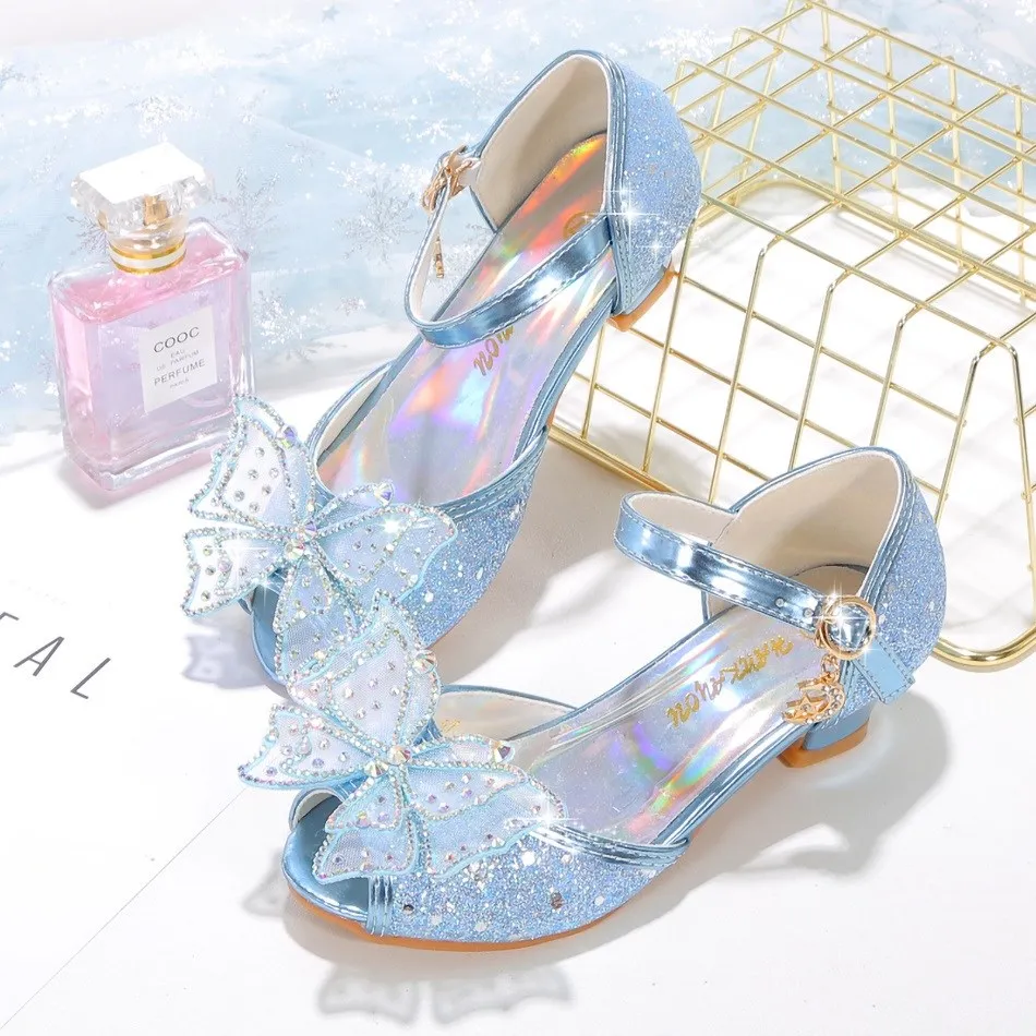 Menina princesa sapatos crianças sandálias menina cinderela borboleta cristal sapatos crianças vestido de natal sapatos meninas saltos altos