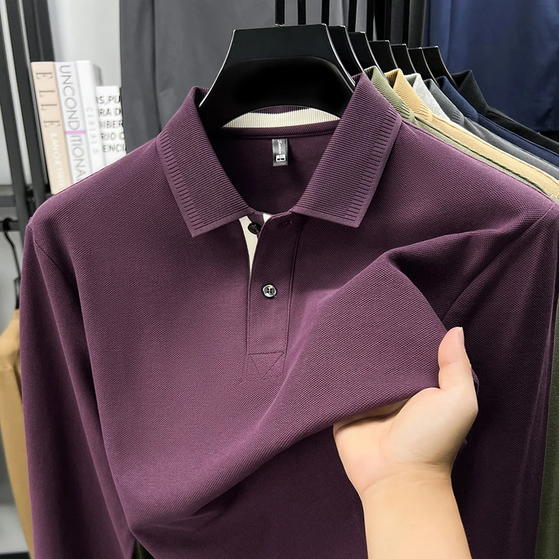 

100% cotton luxury polo shirt long sleeve men's classic simple solid color business casual spring autumn comfort premium T-shirt