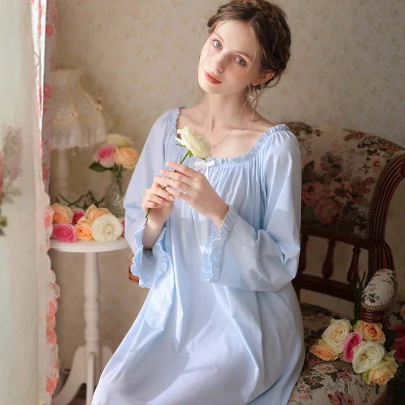 Vintage Cotton Loose Night Dress Women Spring Autumn Kawaii Ruffles Long Sleeve Sleepwear Princess Nightwear Nightgown Home Wear