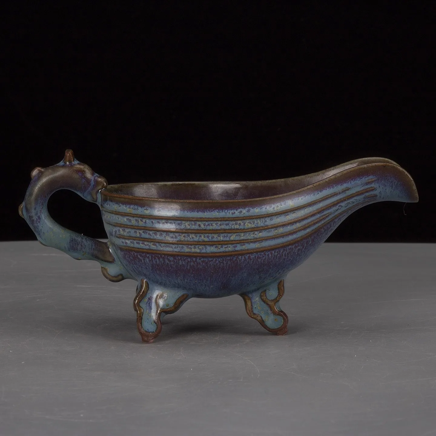 6.69 inch Chinese Song Jun Kiln Blue Glaze Red Spots Tripod Teacup Cup